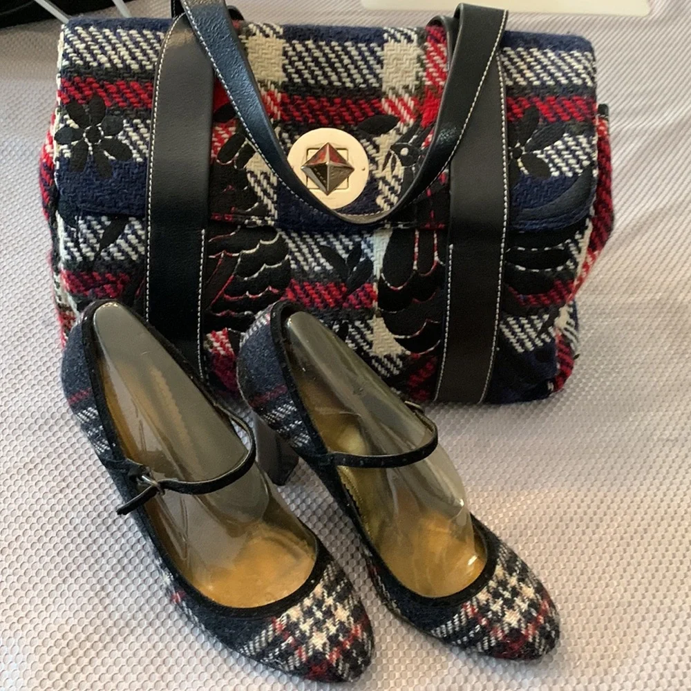 Kate Spade Plaid Satchel in Plaid (colors-black, dark nay, red, off white).